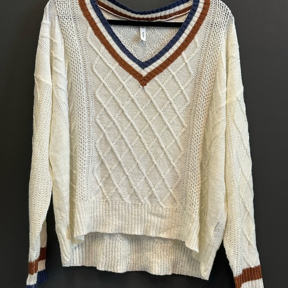 Wishlist Sweaters - Wishlist | Preppy V-Neck Sweater with‎ Striped Trim | Cream, Blue, & Brown | M/L